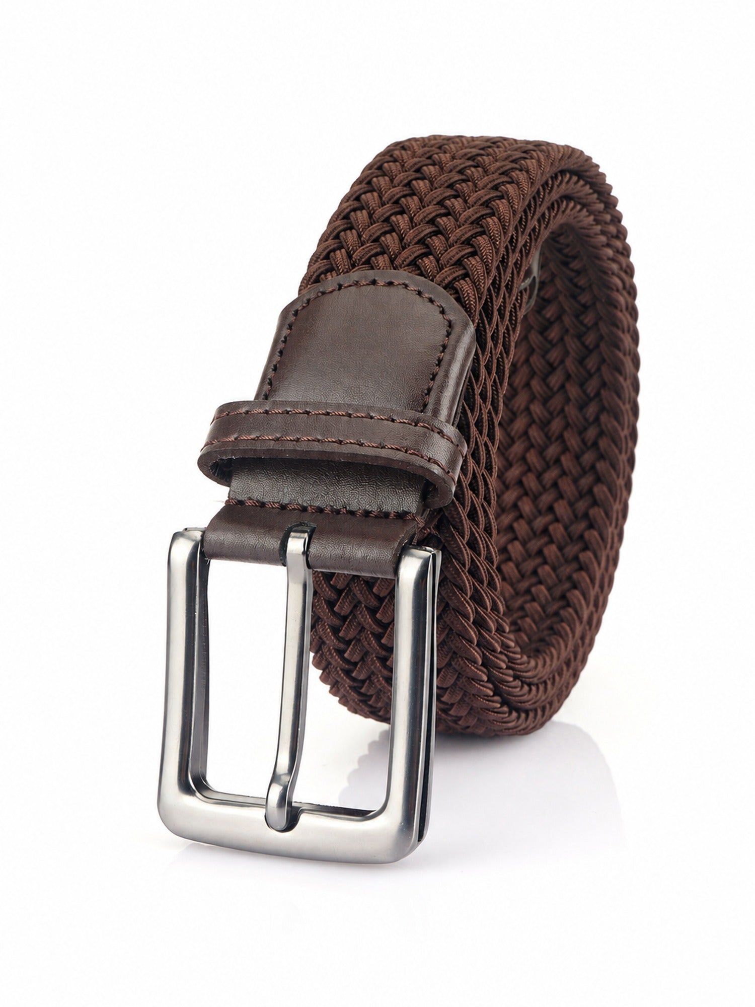 Braided Stretch Belt, Pin Buckle – Men – Brown – front