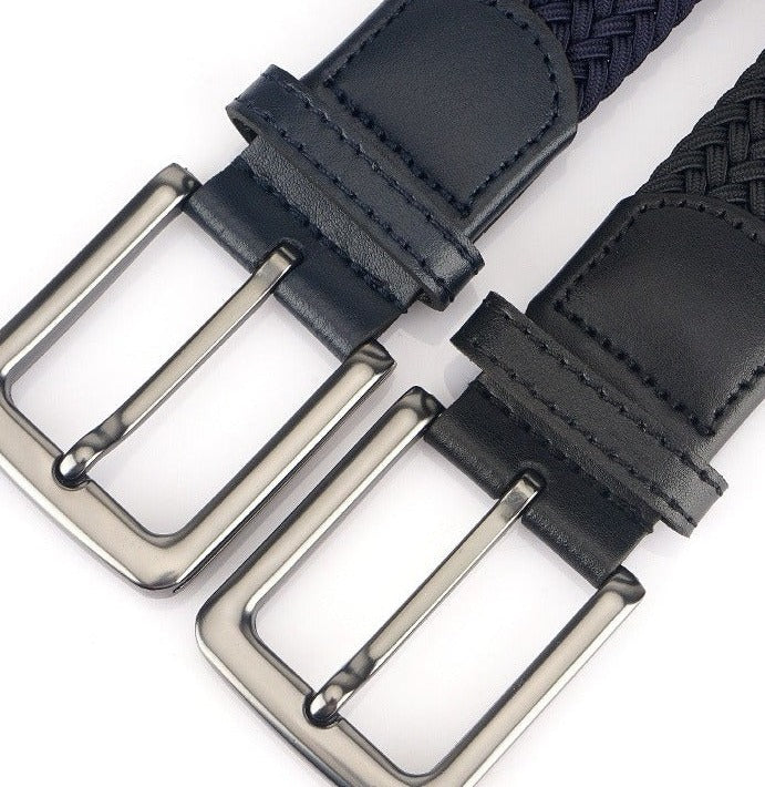 Braided Stretch Belt, Pin Buckle – Men – Navy – buckle detail
