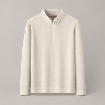 Brushed Knit Half-Zip Sweater, Stand Collar – Men – Cream – front