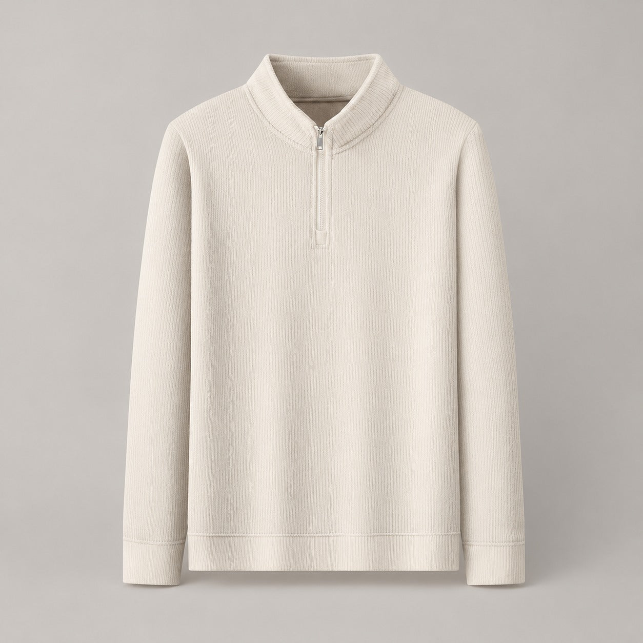 Brushed Knit Half-Zip Sweater, Stand Collar – Men – Cream – front