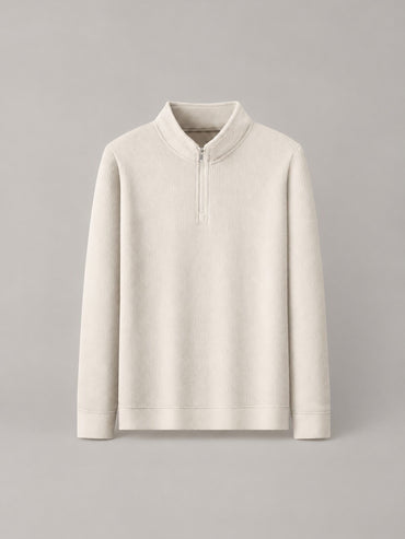 Brushed Knit Half-Zip Sweater, Stand Collar – Men – Cream – front