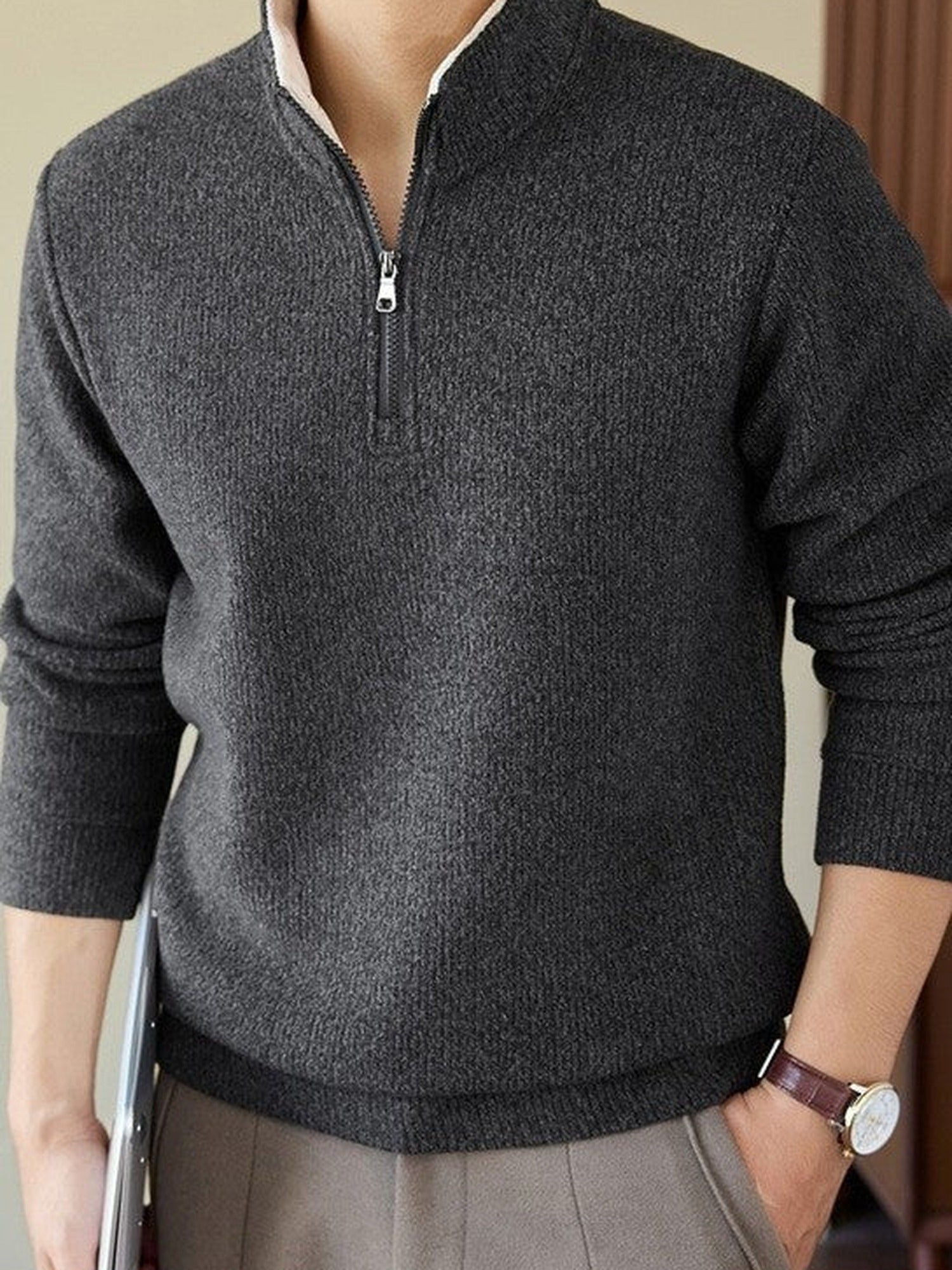 Brushed Knit Half-Zip Sweater, Stand Collar – Men – Charcoal – worn