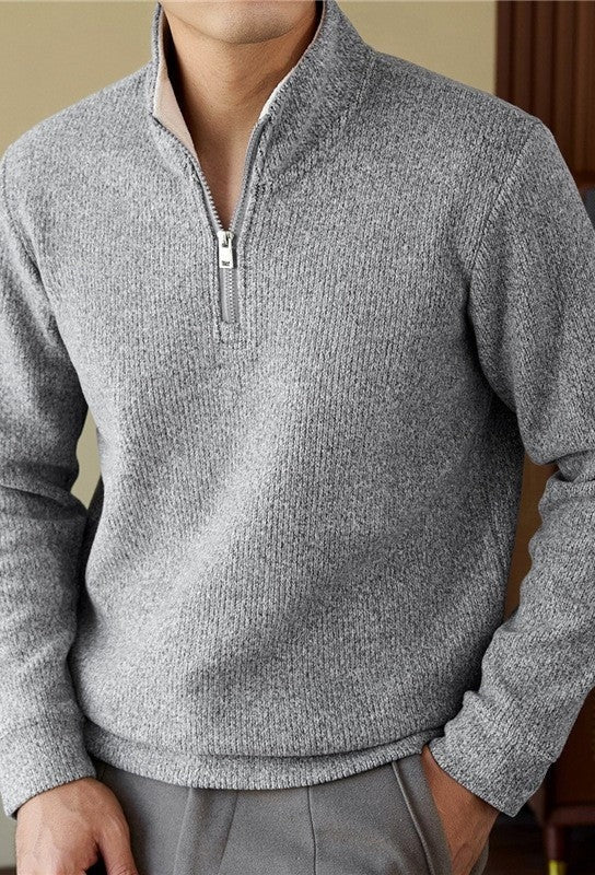 Brushed Knit Half-Zip Sweater, Stand Collar – Men – Grey – worn