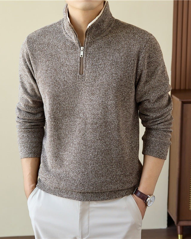 Brushed Knit Half-Zip Sweater, Stand Collar – Men – Brown – worn