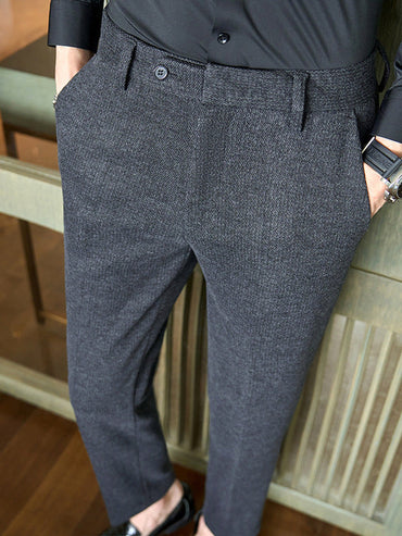 Brushed Wool-Look Slim Trousers, Ankle Length – Men – Charcoal – worn