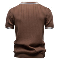 100% Cotton Ribbed Knit Polo, Open Collar – Men – Brown – back
