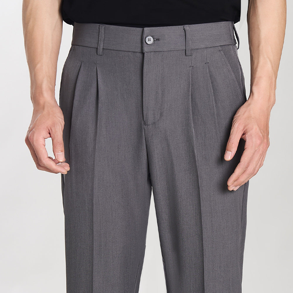 Pleated Tapered Trousers, Stretch, Ankle Length – Men – Grey – pleat detail