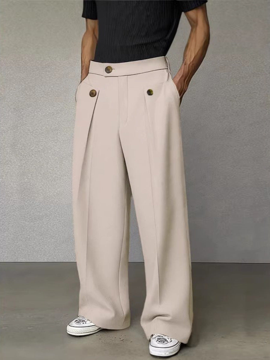 Wide-Leg Pleated Trousers, Button Flap Front – Men – Beige – worn