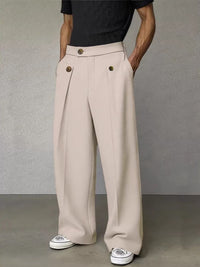 Wide-Leg Pleated Trousers, Button Flap Front – Men – Beige – worn
