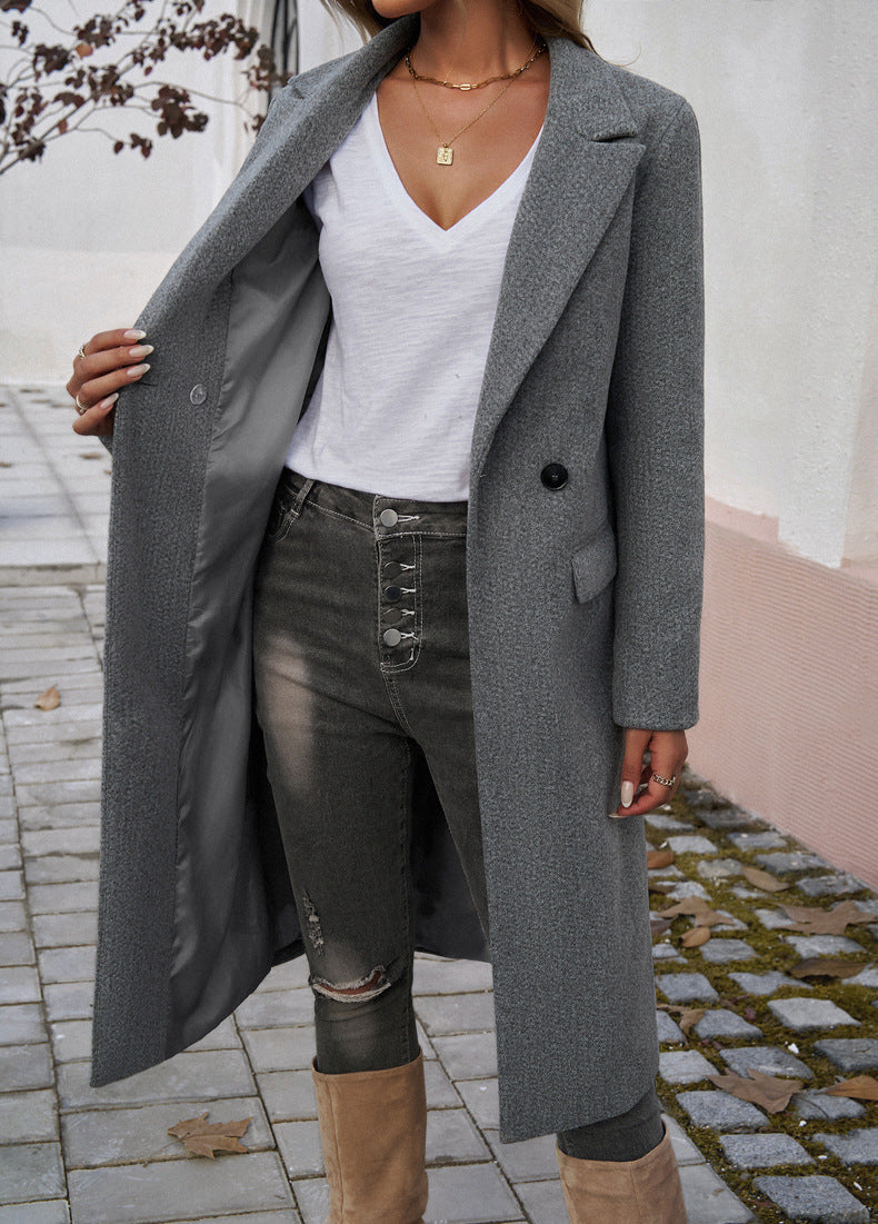 100% Polyester Long Notch-Lapel Coat – Women – Grey – open, lining