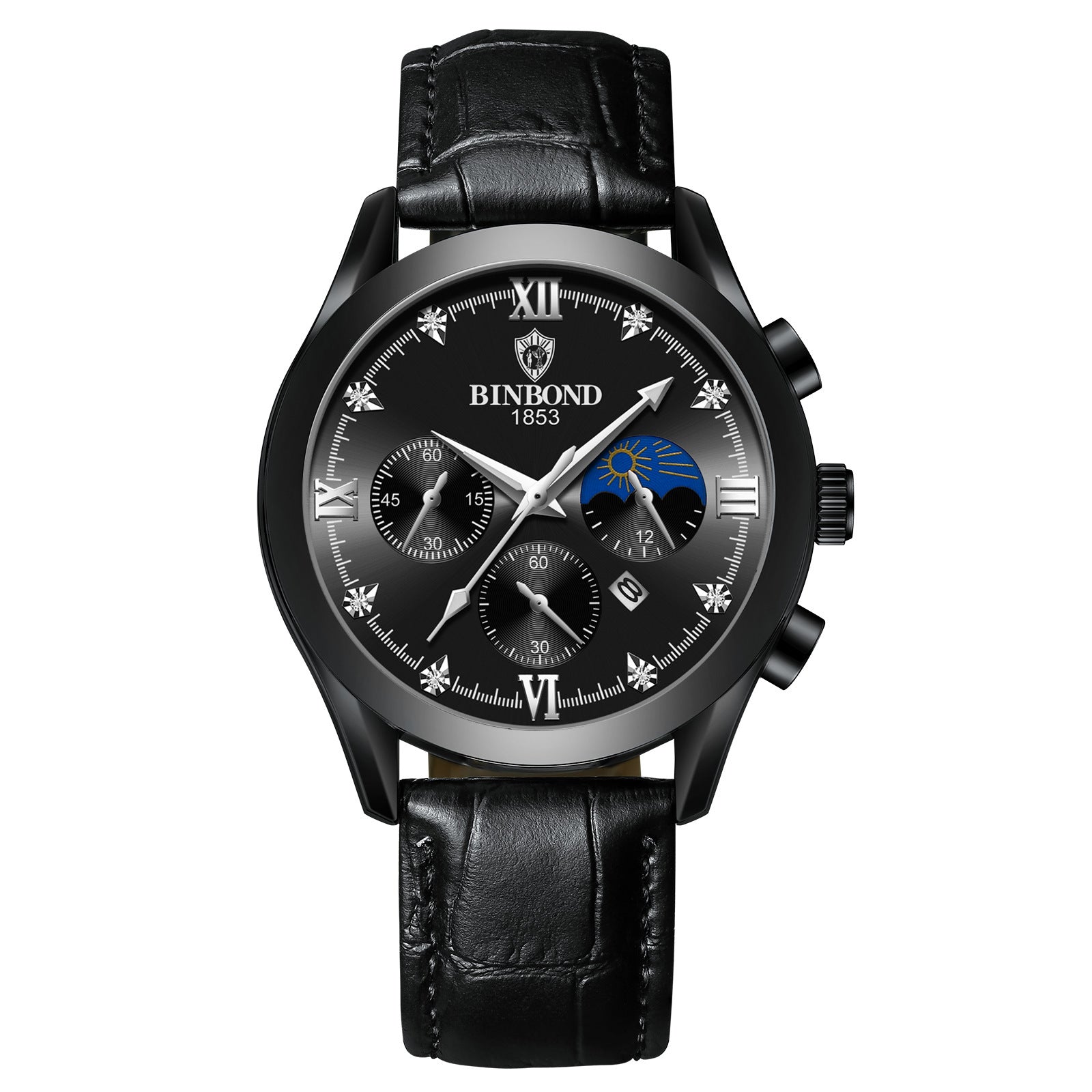 Calendar Chronograph Watch, Luminous Hands – Men – Black · Black Dial · Black Leather – front