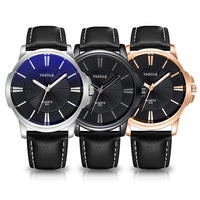 Minimalist Dress Watch, Leather Strap – Men – Silver · Black Dial · Black Strap – three cases