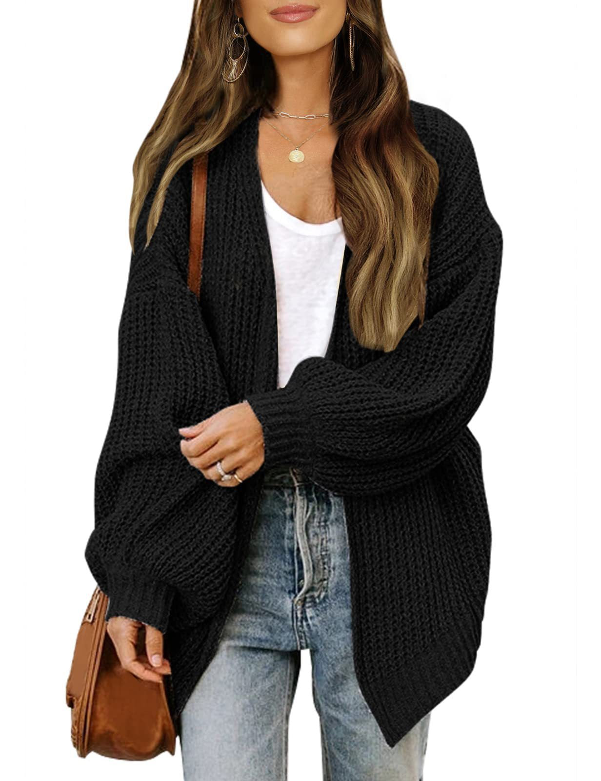 Chunky Knit Open Cardigan with Balloon Sleeves – Women – Black – worn