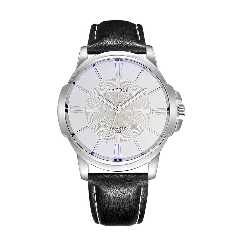 Minimalist Dress Watch, Leather Strap – Men – Silver · White Dial · Black Strap – front