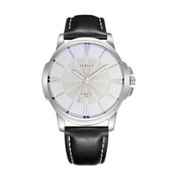 Minimalist Dress Watch, Leather Strap – Men – Silver · White Dial · Black Strap – front