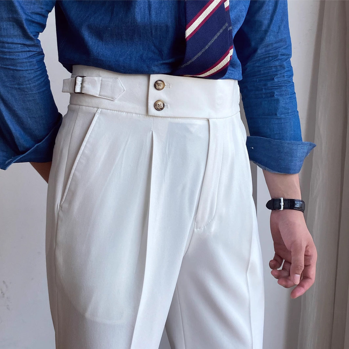 Wrinkle-Free High-Waist Pleated Trousers, Double-Button Tab – Men – White – waist