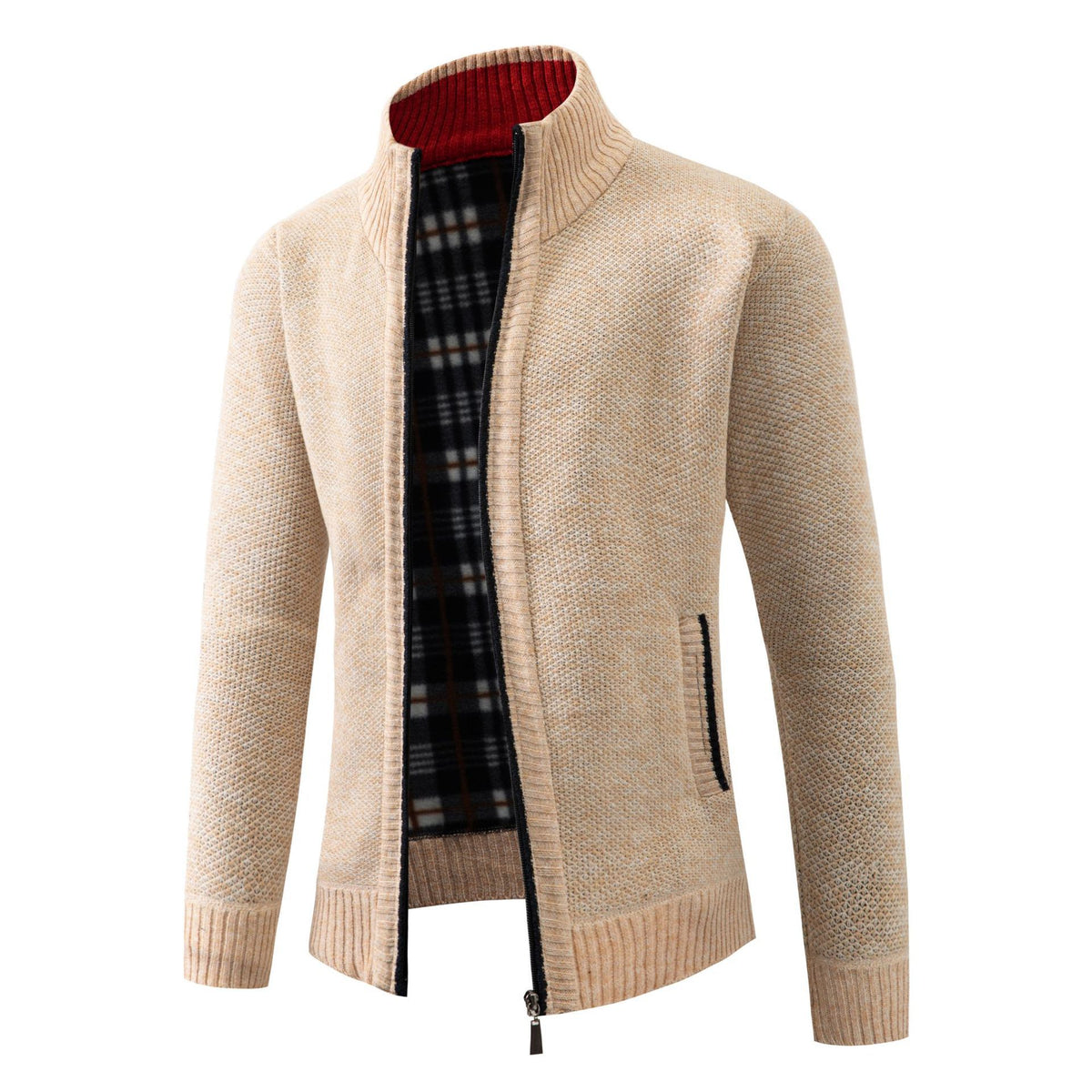 Check-Lined Marled Knit Zip Cardigan – Men – Cream – front