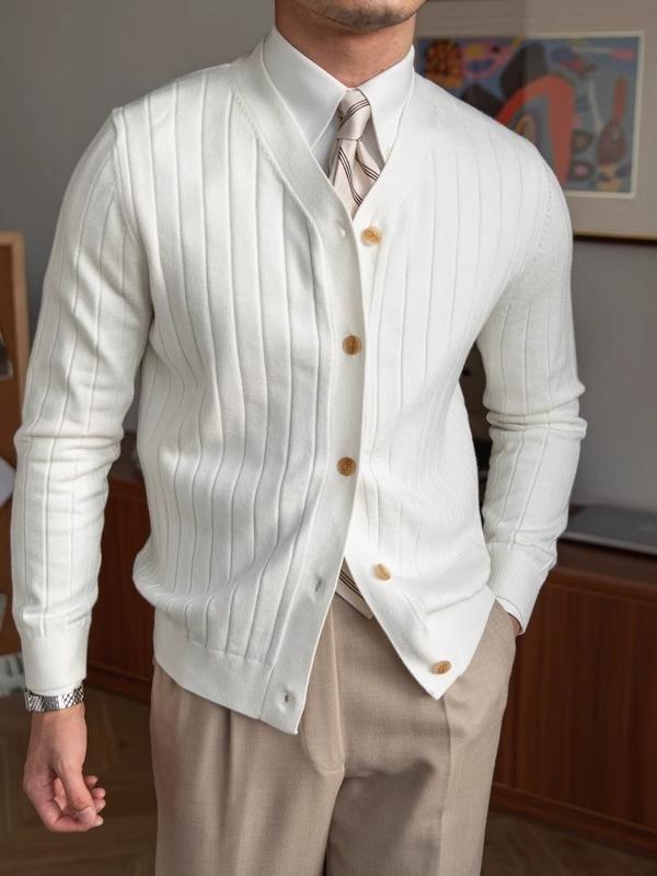 Wide-Rib V-Neck Button Cardigan – Men – Cream – worn, close