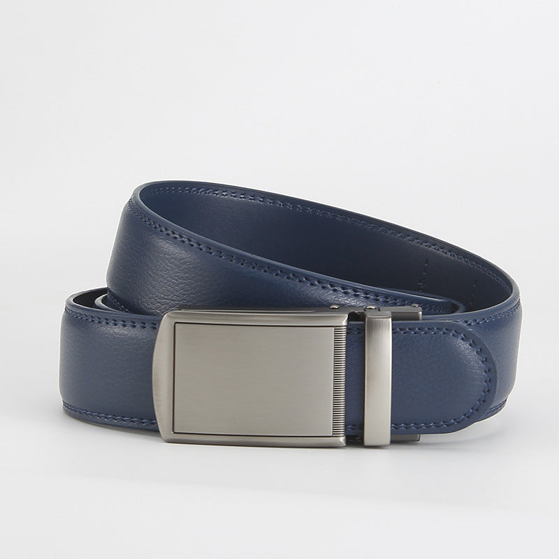 Leather Ratchet Belt, Slim Buckle – Men – Navy · Silver Plate Buckle – front