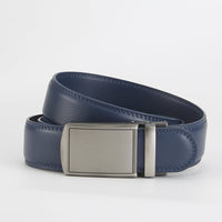 Leather Ratchet Belt, Slim Buckle – Men – Navy · Silver Plate Buckle – front