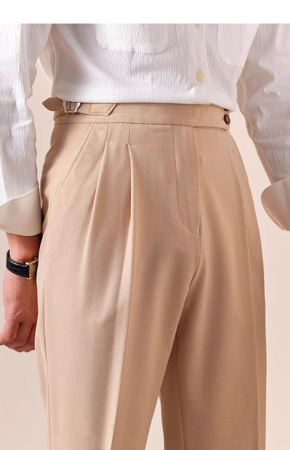 High-Waist Pleated Trousers, Side Buckles & Paris Tab – Men – Beige – waist