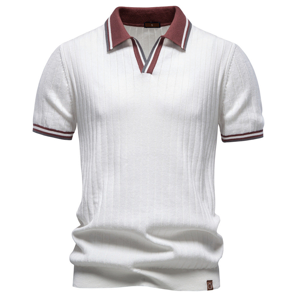 100% Cotton Ribbed Knit Polo, Open Collar – Men – White – front