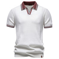 100% Cotton Ribbed Knit Polo, Open Collar – Men – White – front