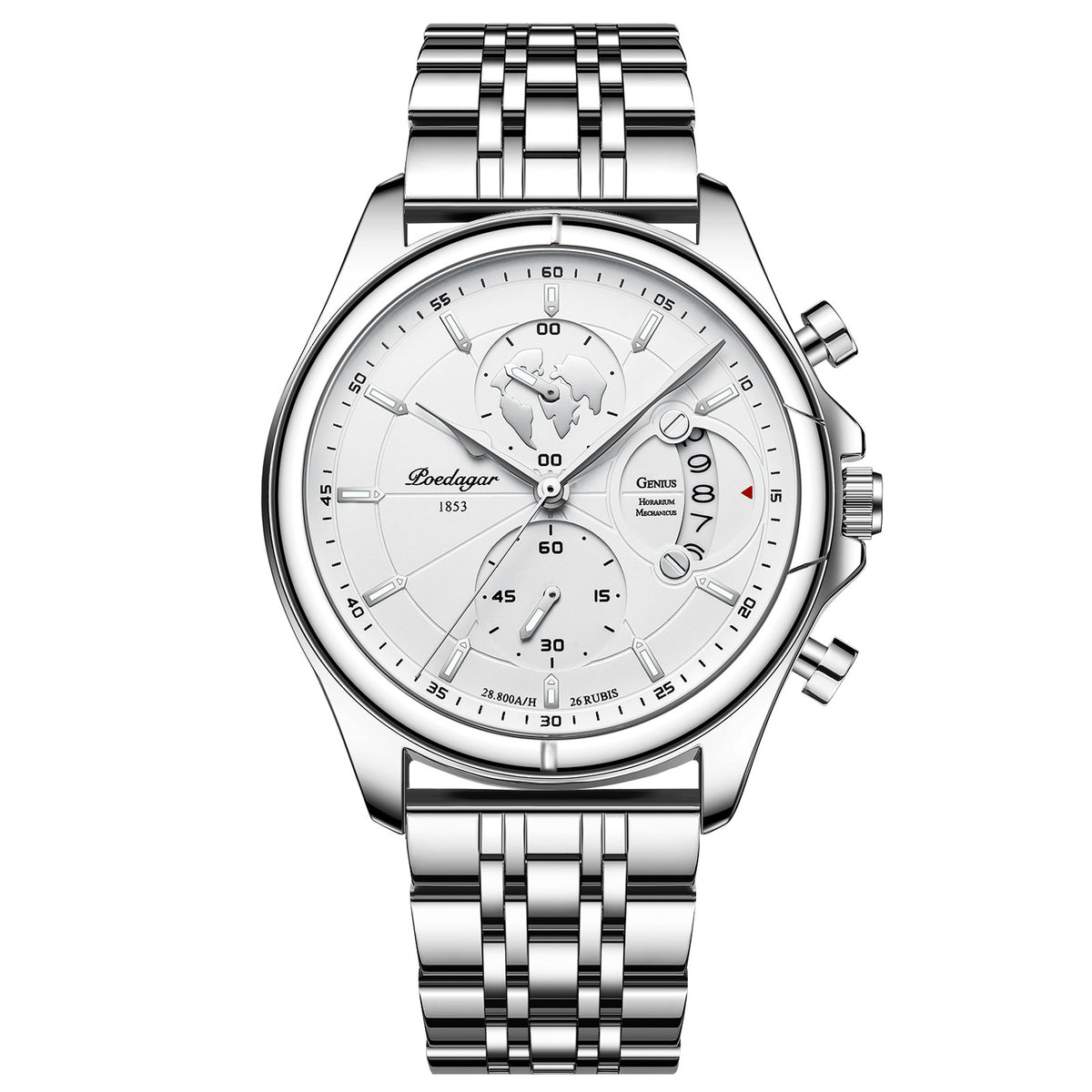 Chronograph Watch, Sapphire Glass, Leather or Steel – Men – Silver · White Dial · Steel Bracelet – front