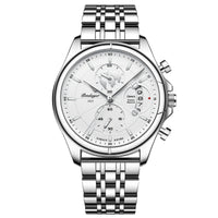 Chronograph Watch, Sapphire Glass, Leather or Steel – Men – Silver · White Dial · Steel Bracelet – front