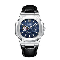 Open-Heart Mechanical Watch, Sun & Moon Dial – Men – Silver · Blue Dial · Black Leather – front