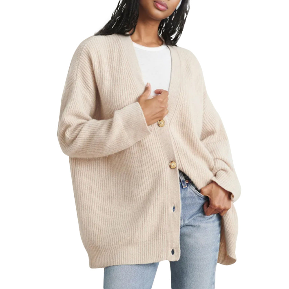 Ribbed V-Neck Button Cardigan – Women – Cream – worn, front