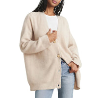 Ribbed V-Neck Button Cardigan – Women – Cream – worn, front