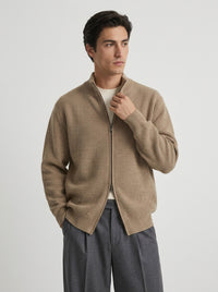 Stand-Collar Zip Knit Cardigan – Men – Camel – worn, front