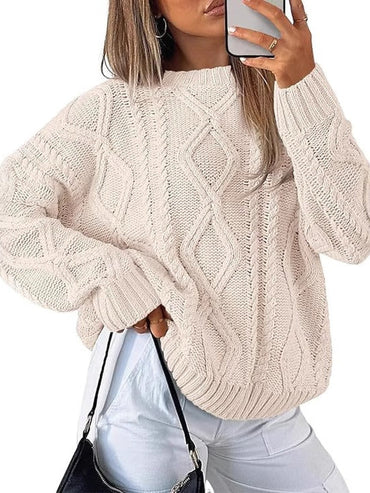 90–95% Acrylic Cable-Knit Crew-Neck Sweater – Women – Cream – worn