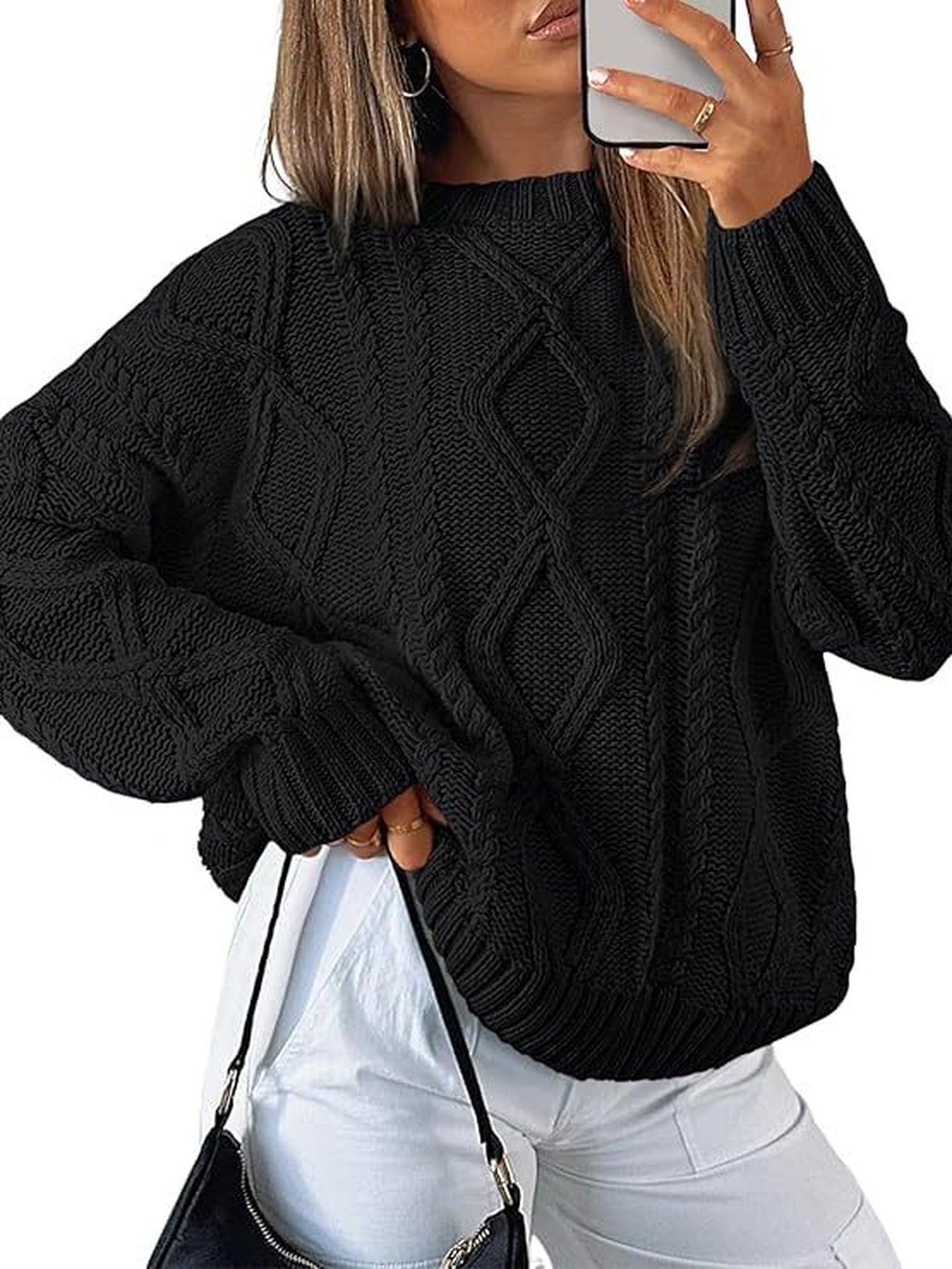 90–95% Acrylic Cable-Knit Crew-Neck Sweater – Women – Black – worn