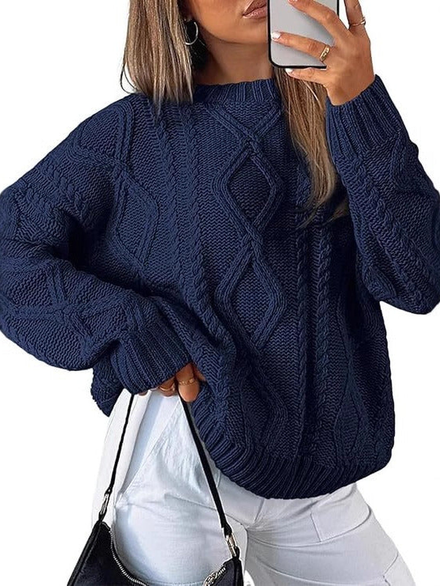 90–95% Acrylic Cable-Knit Crew-Neck Sweater – Women – Navy – worn