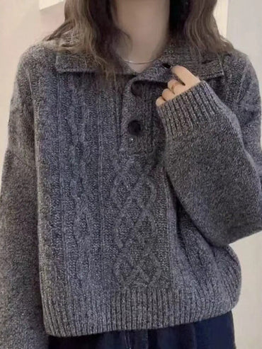 80% Acrylic, 20% Lambswool Cable Polo Sweater – Women – Charcoal – worn