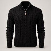 Cable Knit Quarter-Zip Sweater, Stand Collar – Men – Black – front