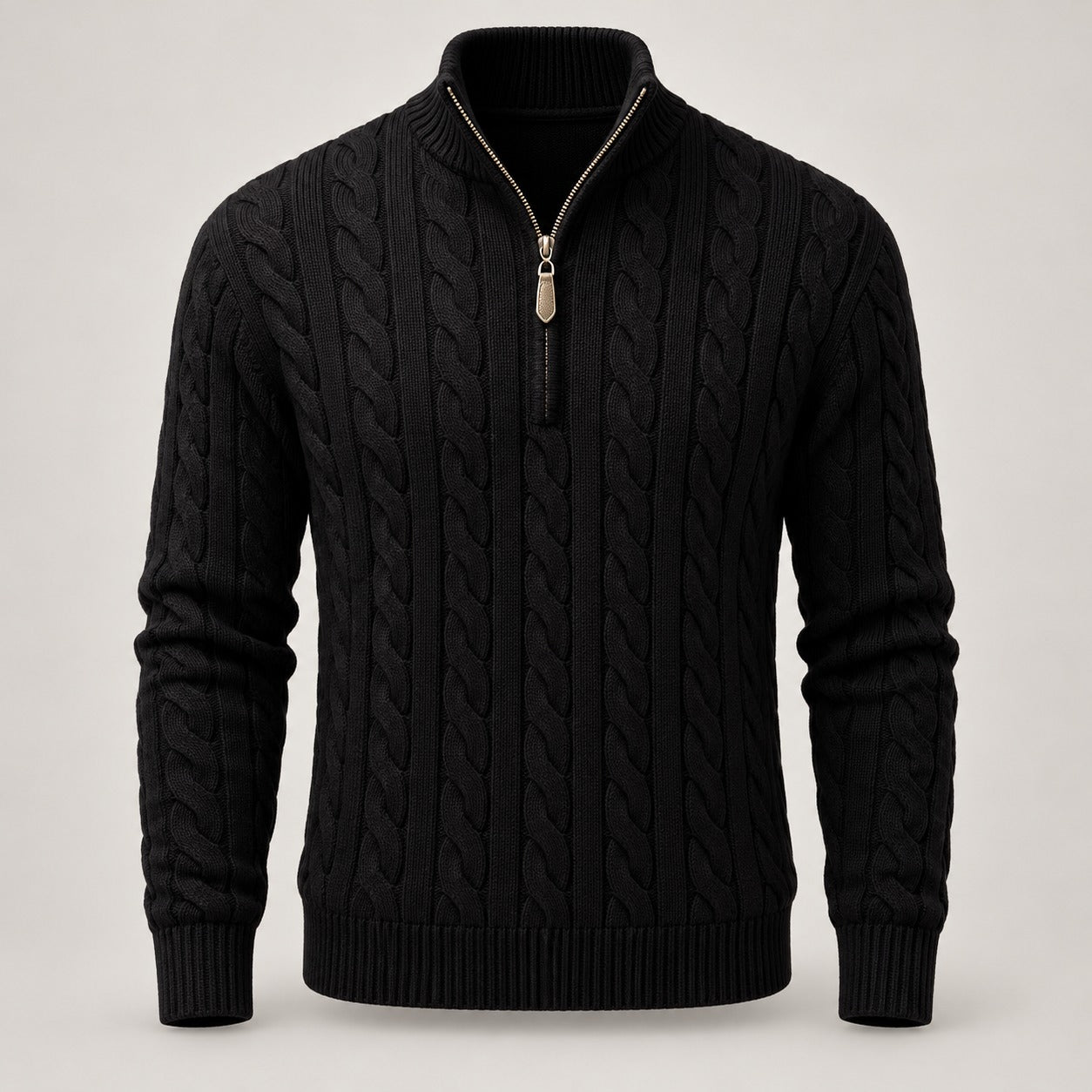 Cable Knit Quarter-Zip Sweater, Stand Collar – Men – Black – front