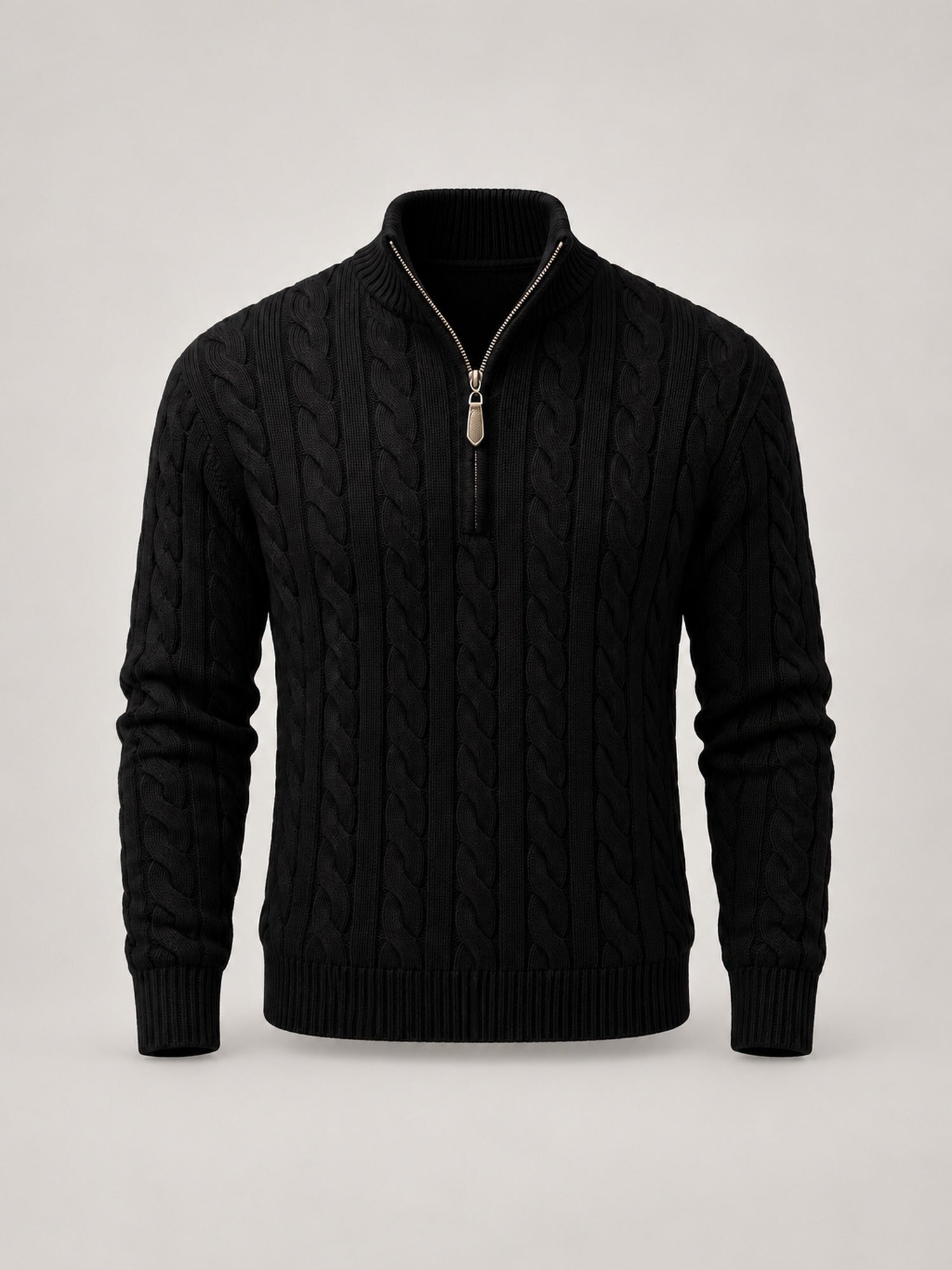 Cable Knit Quarter-Zip Sweater, Stand Collar – Men – Black – front