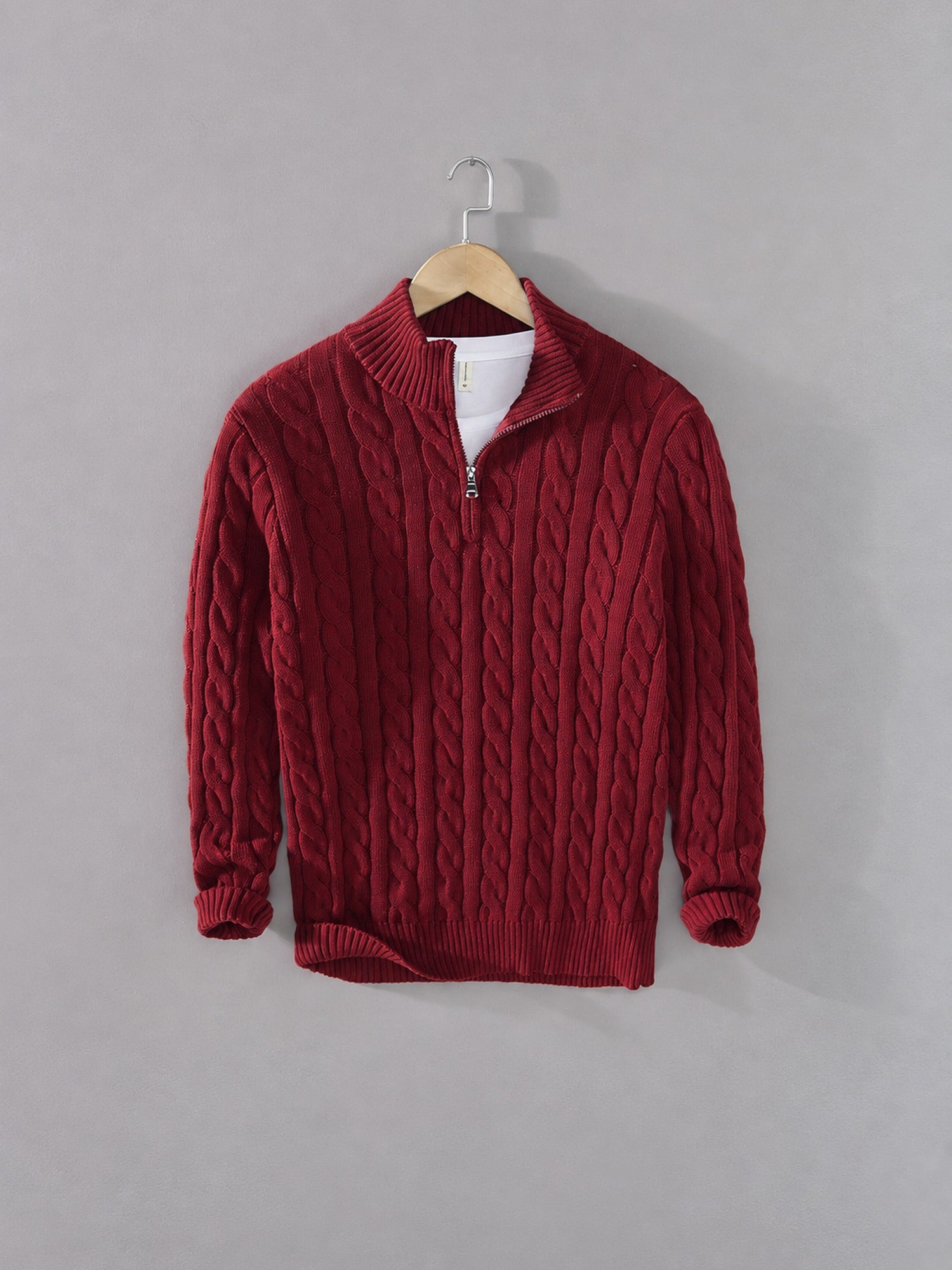 Cable Knit Quarter-Zip Sweater – Men – Burgundy – front