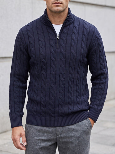 Cable Knit Quarter-Zip Sweater – Men – Navy – worn