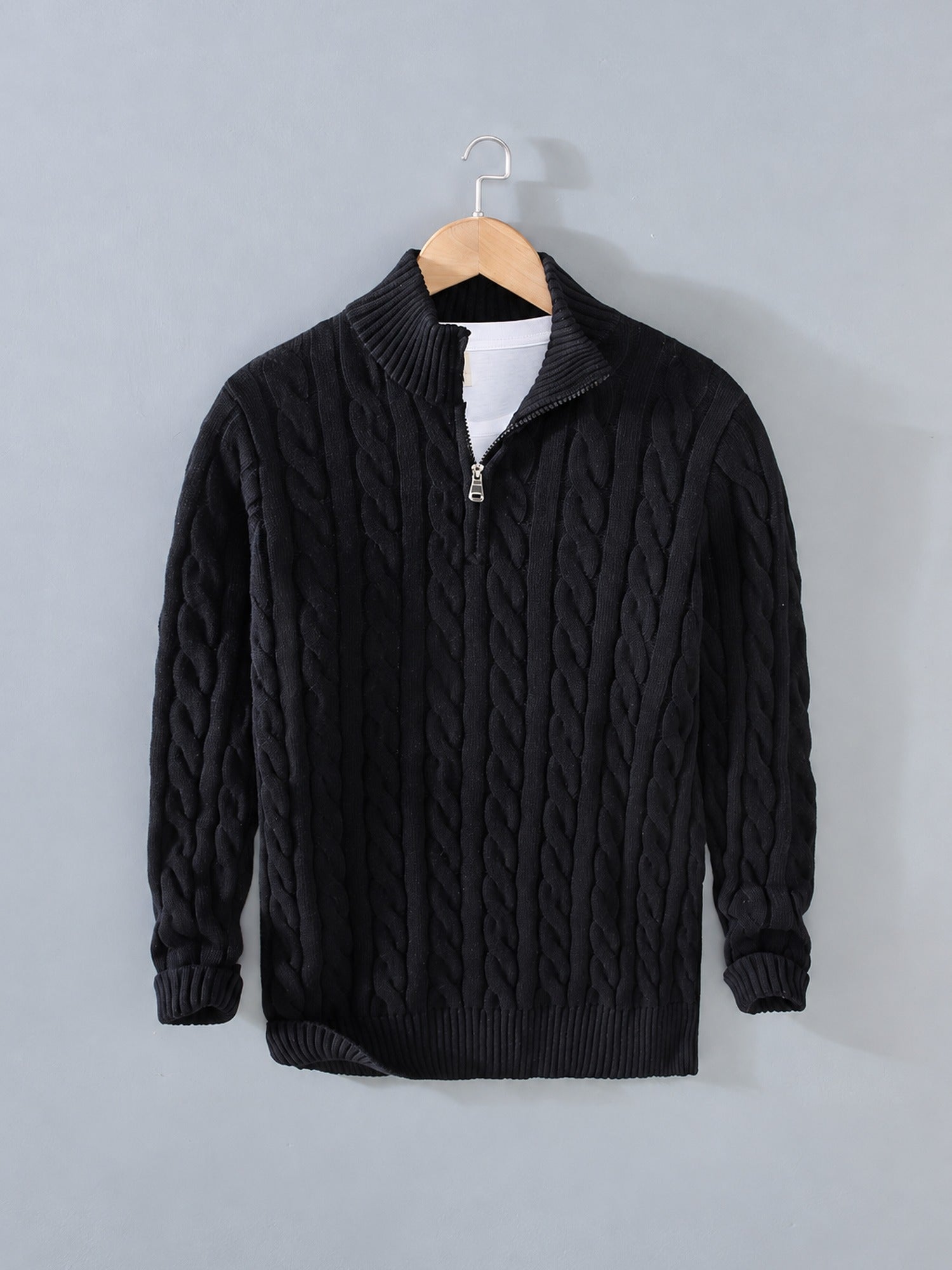 Cable Knit Quarter-Zip Sweater – Men – Black – front