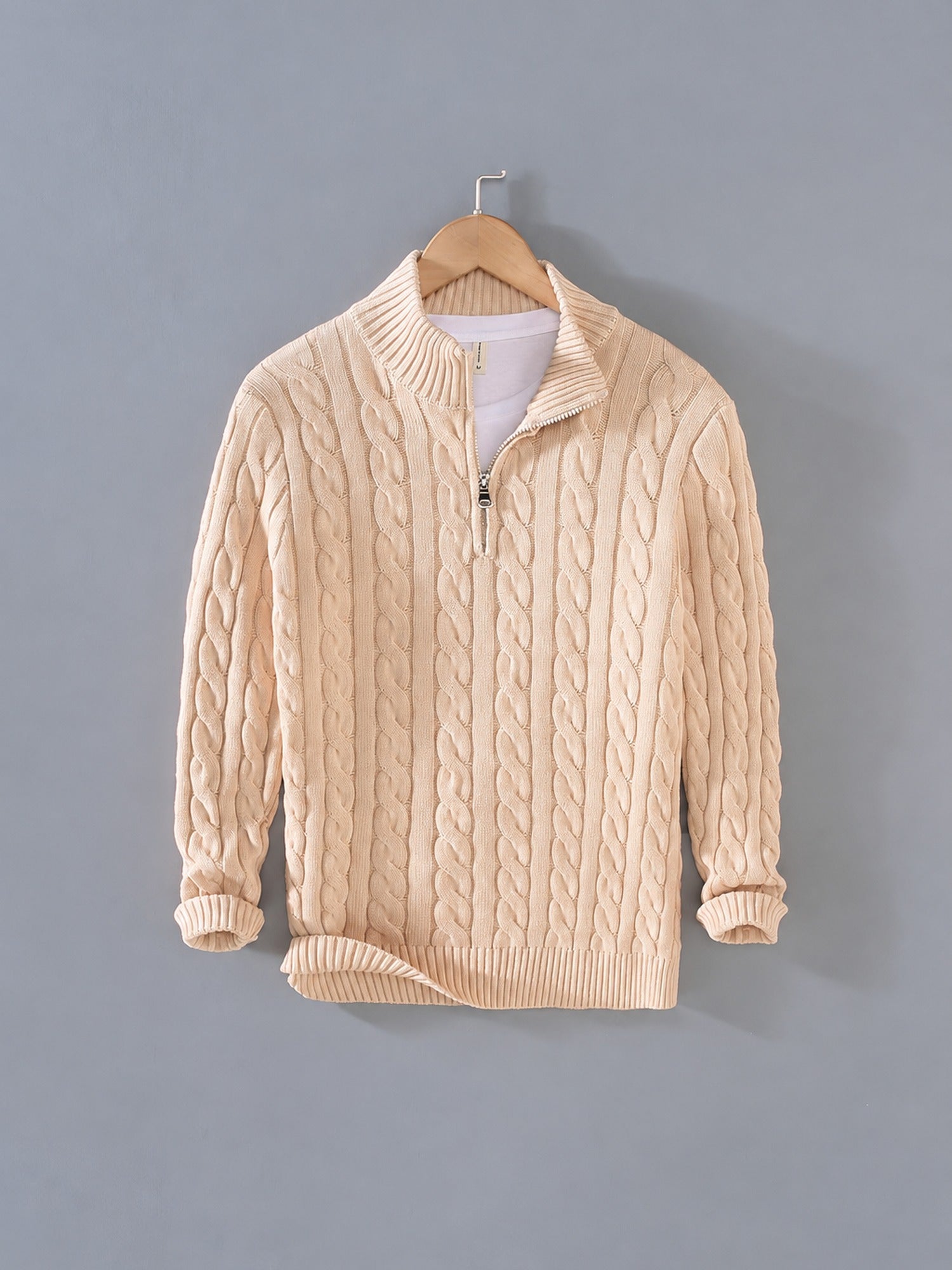 Cable Knit Quarter-Zip Sweater – Men – Beige – front