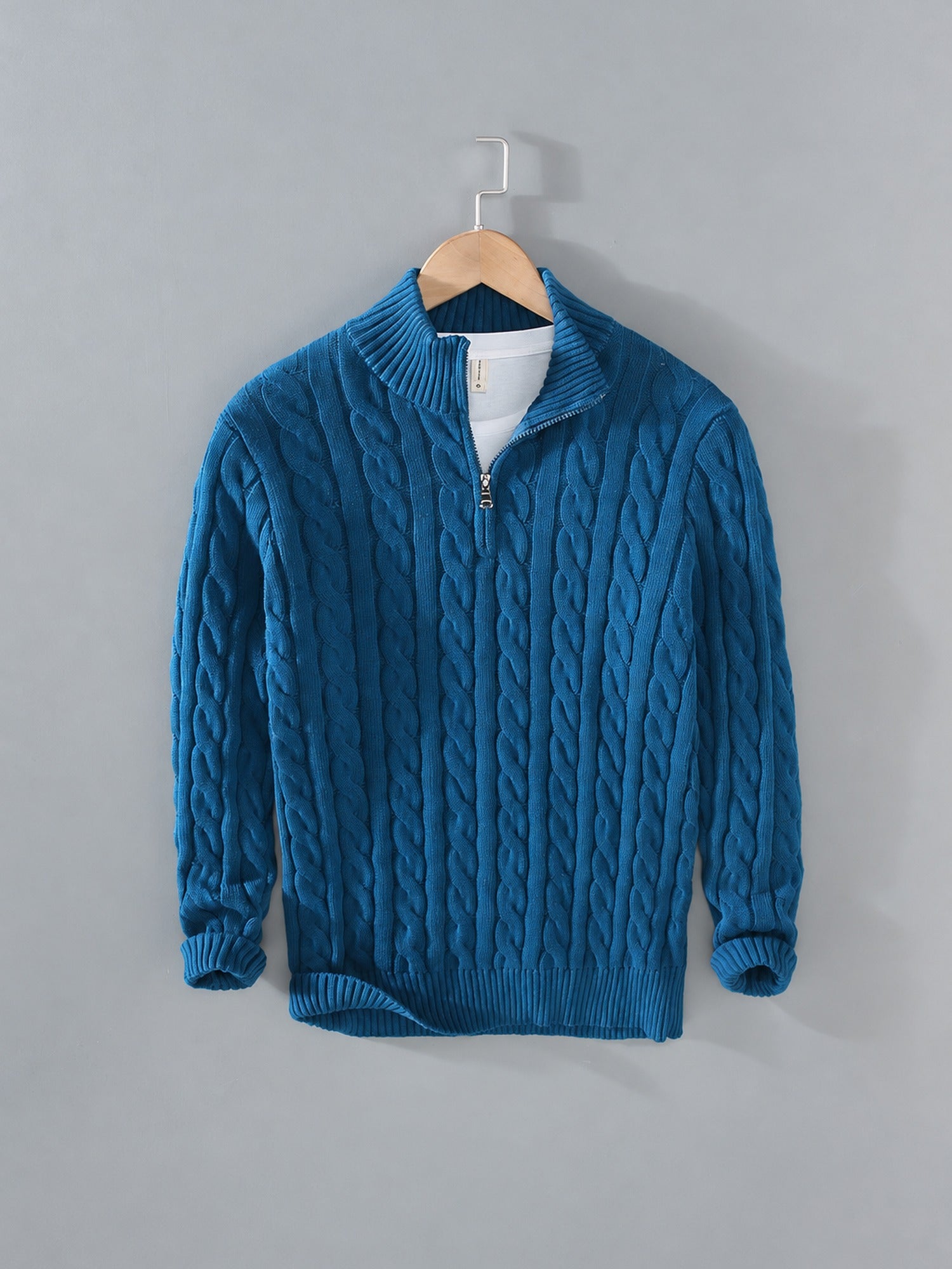 Cable Knit Quarter-Zip Sweater – Men – Petrol Blue – front