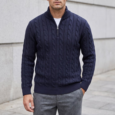 Cable Knit Quarter-Zip Sweater – Men – Navy – worn