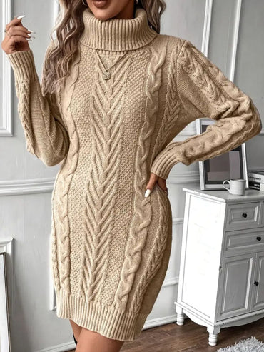 100% Polyester Cable-Knit Turtleneck Sweater Dress – Women – Beige – worn