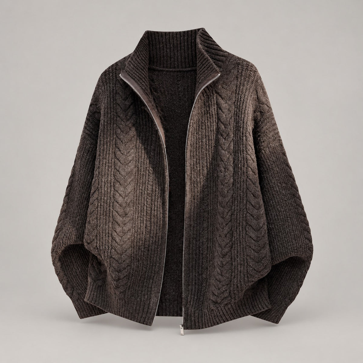 Cable Knit Zip Cardigan, Stand Collar, Relaxed Fit – Men – Chocolate – front