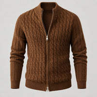 Cable Knit Zip Cardigan, Ribbed Stand Collar – Men – Brown – worn