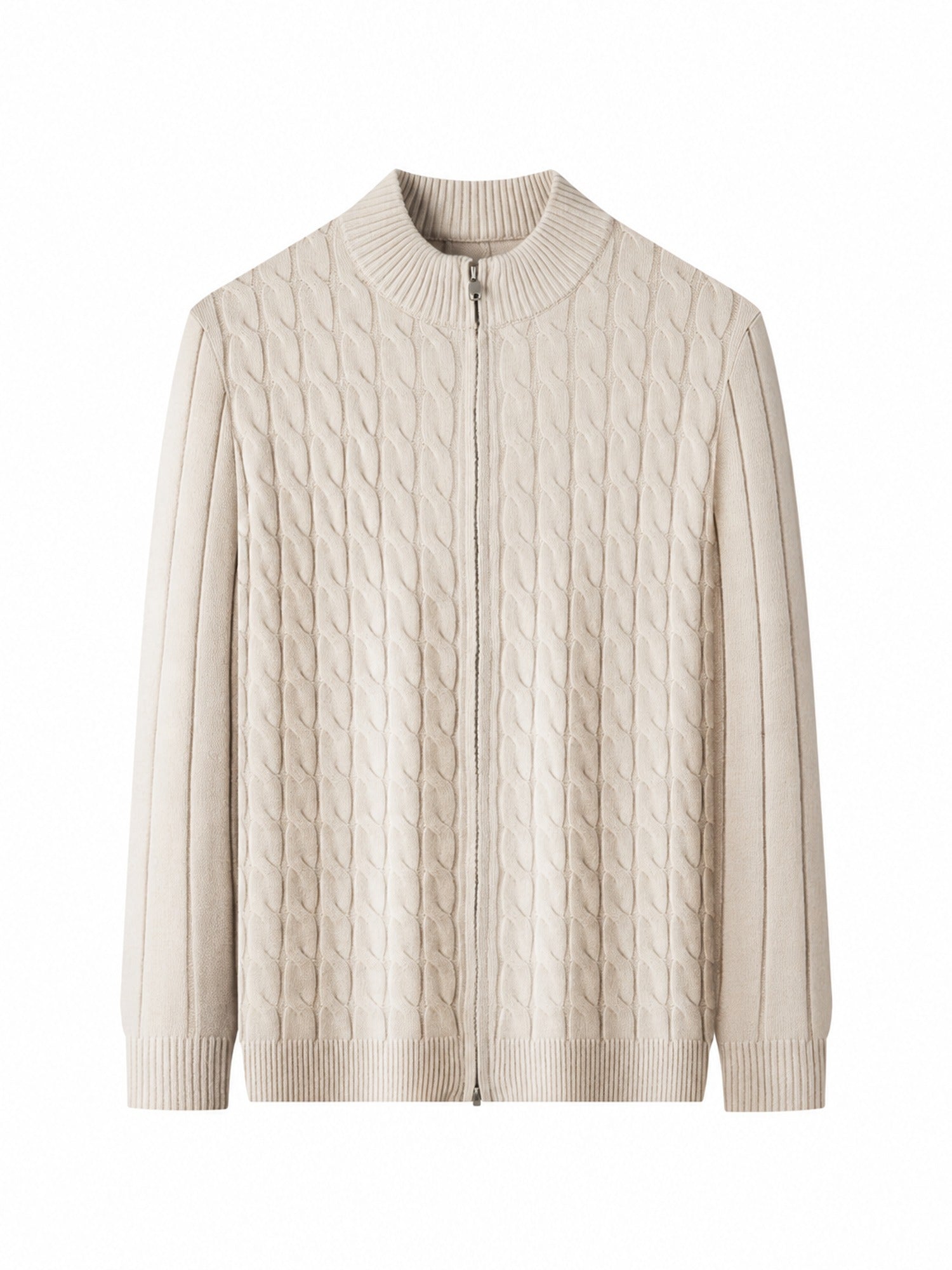 Cable Knit Zip Cardigan, Ribbed Stand Collar – Men – Cream – front
